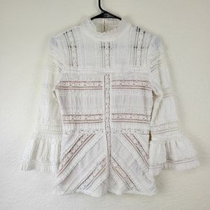 Cinq a Sept White Lace Silk Ruffle Top Medium